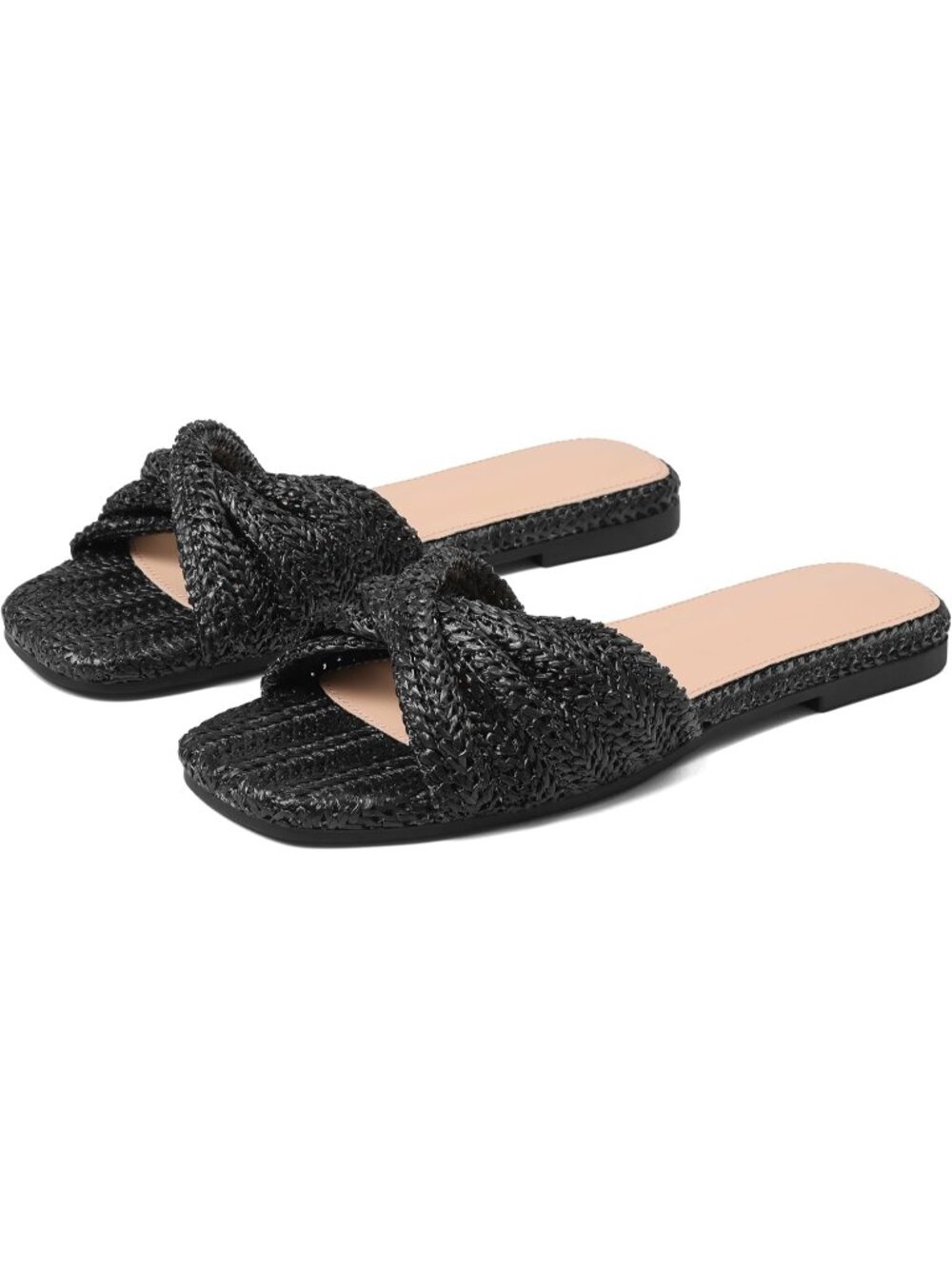🆕Women's Black Raffia Flat Sandals Straw Woven Slides Summer Beach Shoes
